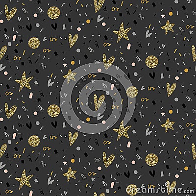 Vector seamless pattern with fireworks, confetti, stars, hearts Vector Illustration