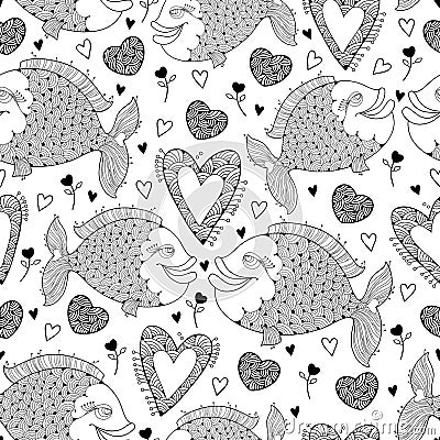 Vector seamless pattern with fish and ornate heart on the white. Design and holiday symbols in contour style for Valentine day. Vector Illustration