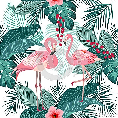 Vector seamless pattern of flamingo, leaves monstera. Tropical l Vector Illustration