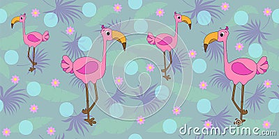 Vector seamless pattern with flamingo and palm leaves. Tropical pattern with cartoon flamingos. Vector seamless illustration Vector Illustration