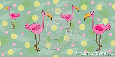 Vector seamless pattern with flamingo and palm leaves. Tropical pattern with cartoon flamingos. Vector seamless illustration Vector Illustration