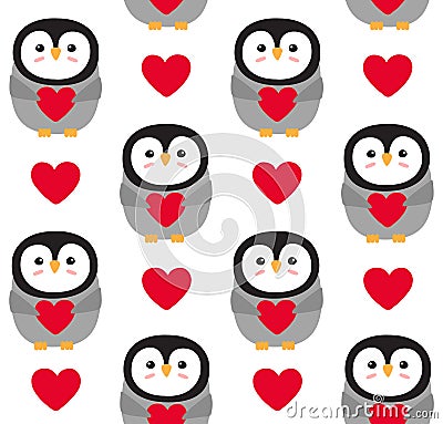 Vector seamless pattern of flat penguin with heart Vector Illustration