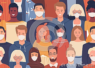 Vector seamless pattern in flat style with multiethnic group of people. People of different nationalities wearing white Vector Illustration