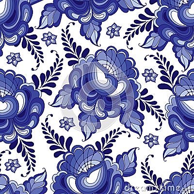 Vector seamless pattern with floral motif in traditional Russian style Gzhel on the white background. Vector Illustration