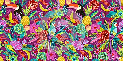 Vector seamless pattern with flowers, fruits, birds, musical instruments. Brazil carnival. Design templates for carnival Vector Illustration