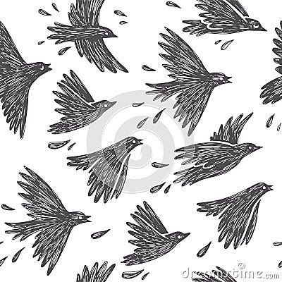 Vector seamless pattern with flying flock of birds. Hand drawn b Vector Illustration