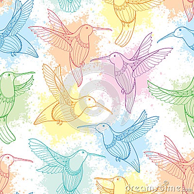 Vector seamless pattern with flying Hummingbird or Colibri in contour style and blots in pastel color on the white background. Vector Illustration