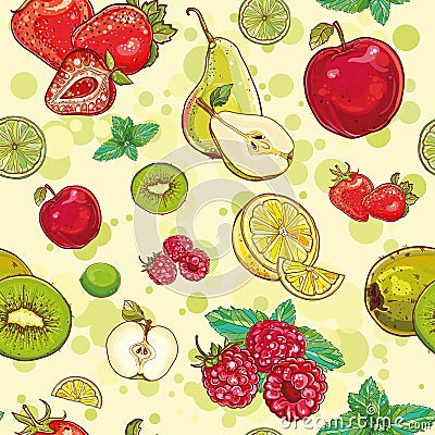 Vector seamless pattern with fresh fruits and berries Vector Illustration