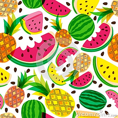 Vector seamless pattern with fresh red and yellow watermelon and pineapples on white background. Vector Illustration