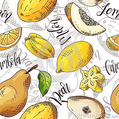 Vector seamless pattern with fruits. Carambola and melon and pear and lemon background. Hand drawn elements. Vector Illustration