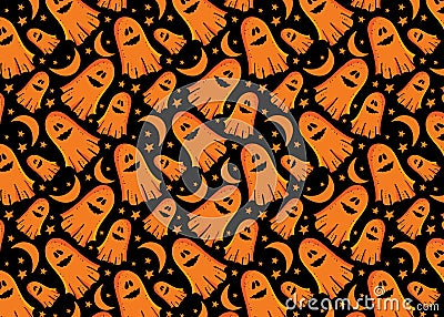 Vector seamless pattern fun Ghost among the stars and the month. Funky monster for Halloween. Design for textiles, paper, Stock Photo