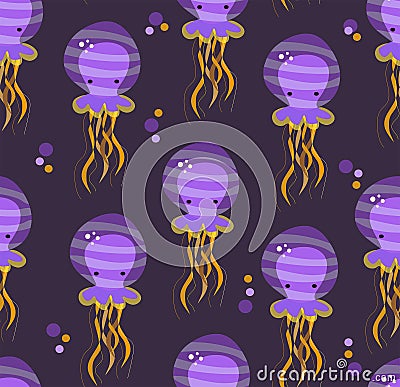 Vector seamless pattern with funny cartoon violet striped jellyfish. Sea life texture. Under ocean print. Vector Illustration