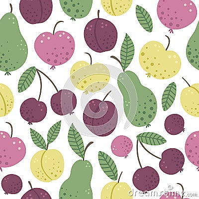 Vector seamless pattern with funny hand drawn flat garden fruits and berries. Colored apple, pear, plum, peach, cherry texture. Vector Illustration