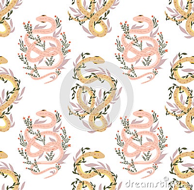 Vector seamless pattern with gentle snakes and herbs. Animalistic texture with pink and yellow serpents, stems and foliage Vector Illustration