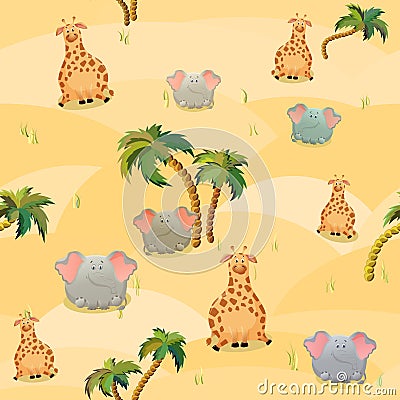 Vector seamless pattern with giraffe, elephants and palm trees. Cute fat cartoon character. The concept of fun design for clothing Vector Illustration