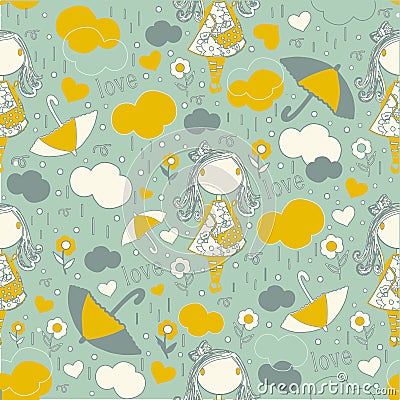 Vector seamless pattern with a girl, clouds, umbrellas and rain. Vector Illustration