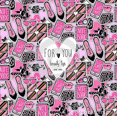 Vector seamless pattern with girls elements: shoes, hearts. glas Vector Illustration