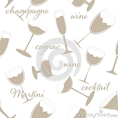 Vector seamless pattern of glasses for various drinks with inscriptions on a white background. Vector Illustration