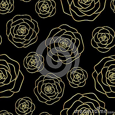 Vector seamless pattern with gold roses outline on the black background. Vector Illustration