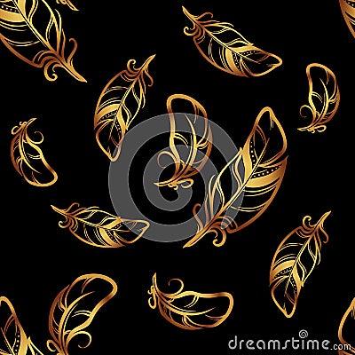 Vector seamless pattern with golden feathers on black background Vector Illustration