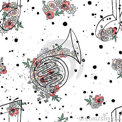 Vector seamless pattern graphic illustration of french horn music notes, flowers leaves branch drip blot splotch ink, splodge, Vector Illustration