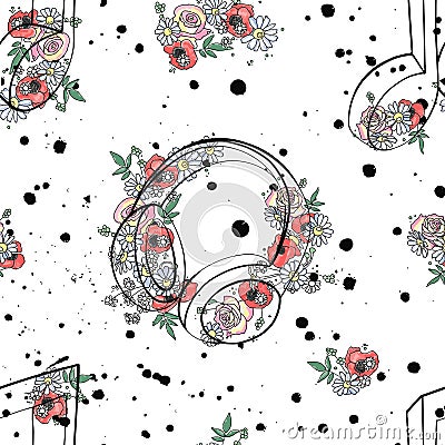 Vector seamless pattern graphic illustration of headphones music notes, flowers leaves branch drip blot splotch ink, splodge, Vector Illustration