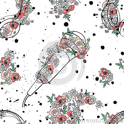 Vector seamless pattern graphic illustration of headphones music notes, flowers leaves branch drip blot splotch ink, splodge, Vector Illustration