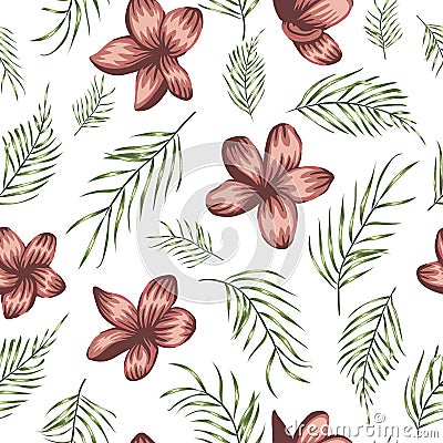 Vector seamless pattern of green palm tree leaves with red flowers on white background Vector Illustration