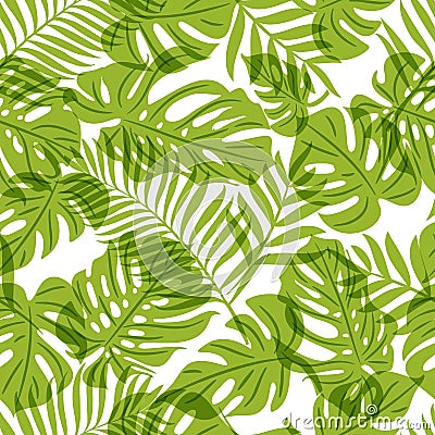 Vector seamless pattern with green palm tree leaves. Summer tropical background. Vector Illustration