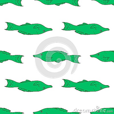 Vector seamless pattern of green sea fish Gomphosus varius swimming in different directions on a white background. green Vector Illustration