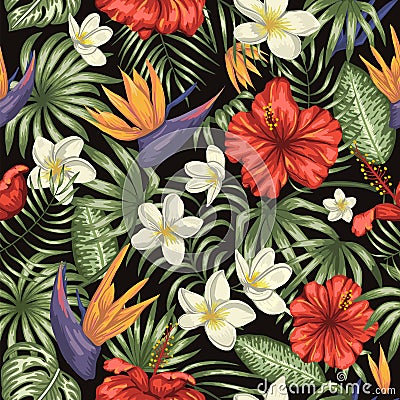 Vector seamless pattern of green tropical leaves with plumeria, strelitzia and hibiscus flowers on black background Vector Illustration