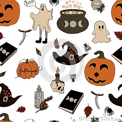 vector seamless pattern halloween eps . Doodle potion and wiccan symbols, pumpkin and skull , mushrooms and autumn leaves Vector Illustration