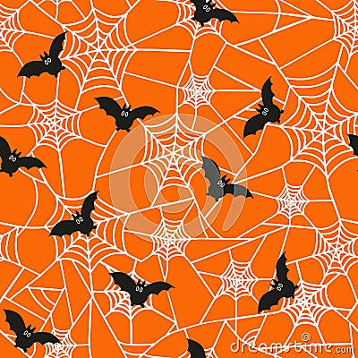 Vector seamless pattern for the Halloween holiday. Cobwebs and bats on an orange background. Horror texture for party decor. Vector Illustration
