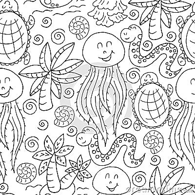 Vector Seamless pattern in hand draw style. Liner illustration. Pattern, background. Palm trees, jellyfish, turtles Vector Illustration