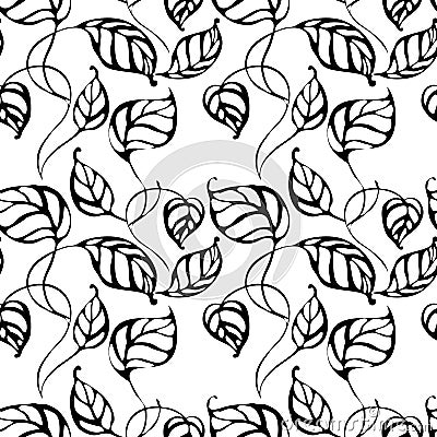 Vector seamless pattern with hand drawing black and white leaves Vector Illustration