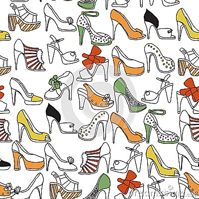 Vector seamless pattern with hand drawing women shoes. Colorful boots in repeat background Vector Illustration