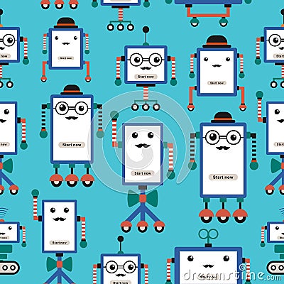 Vector seamless pattern hand drawn background with cute robot hipster isolated on blue background. Cute colorful vintage cartoon Vector Illustration