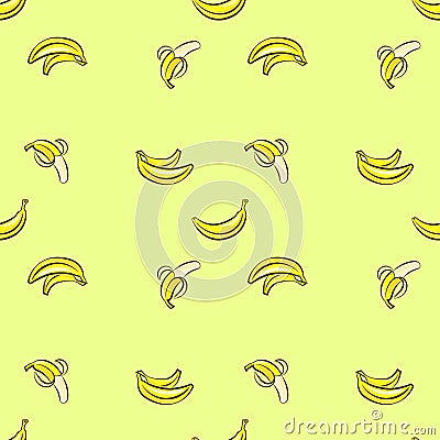 Vector seamless pattern with hand drawn bananas on a Light green background. Vector Illustration