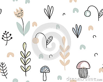 Vector seamless pattern with hand drawn berries, plants, flowers, mushrooms. Vector Illustration