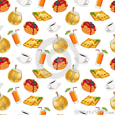 Vector seamless pattern of hand drawn breakfast with coffee, waffles, honey, juice and pancakes Vector Illustration