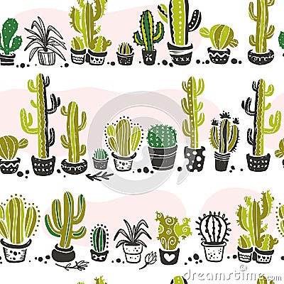 Vector seamless pattern with hand drawn cactus elements isolated on white background. Vector Illustration