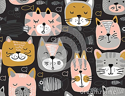 Vector seamless pattern with hand drawn colorful cat faces and graphic fishes. Vector Illustration