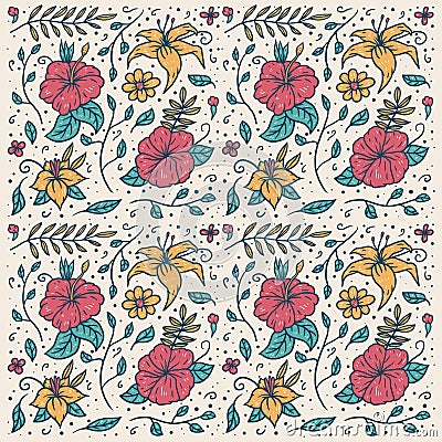 Vector seamless pattern of hand drawn colorful flower, hand drawn line with digital color, vector illustration Vector Illustration