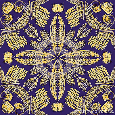 Vector seamless pattern with hand drawn symmetrical decorative tribal elements. Vector Illustration