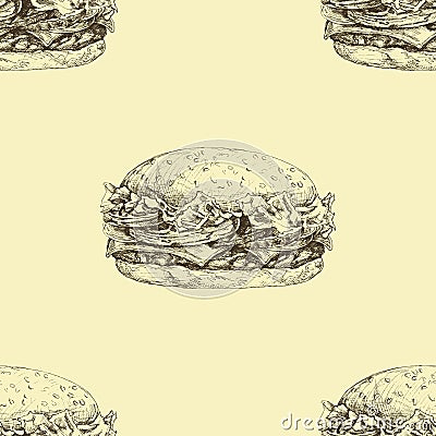 Vector seamless pattern with hand drawn delicious burgers Stock Photo