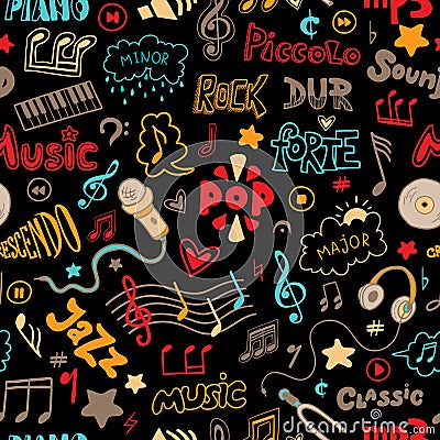 Vector seamless pattern of hand drawn doodles on a music theme. Vector Illustration