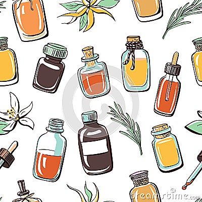 Vector seamless pattern with essential oil bottles Vector Illustration