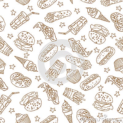 Vector seamless pattern with hand drawn fast food elements Vector Illustration