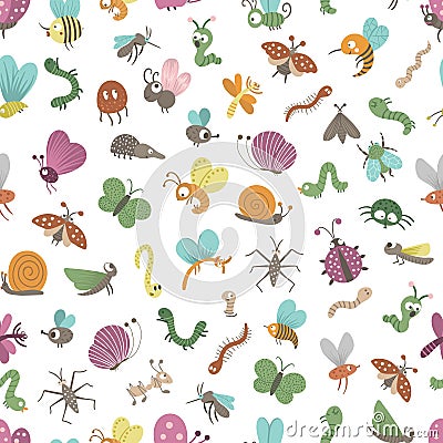 Vector seamless pattern with hand drawn flat funny insects. Cute repeat background with bugs. Sweet creepy-crawly ornament for Vector Illustration