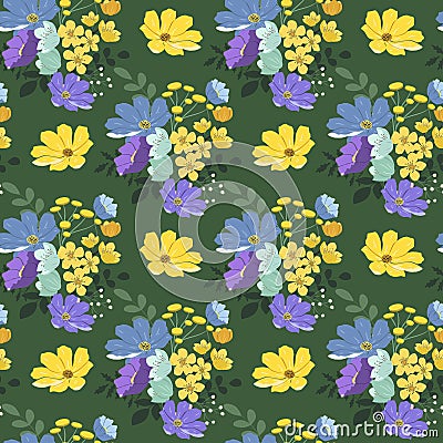 Vector seamless pattern with hand drawn floral ornament on a green background. patern for printing on clothing, fabric, wrapping p Vector Illustration